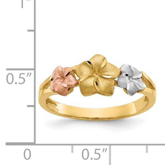 14k Tri-color Three Plumeria Flowers Ring