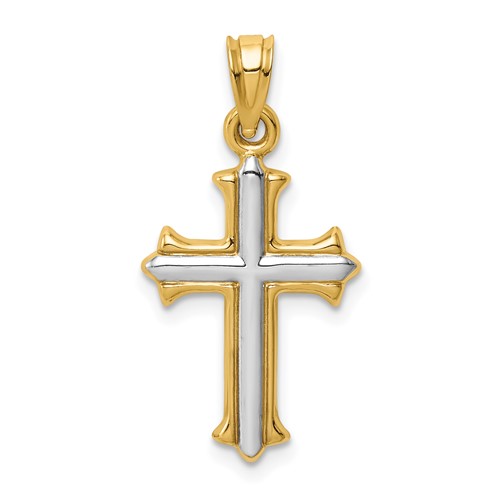 14K and White Rhodium Reversible Hollow Cross Pendant
