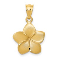 14K Yellow Gold Satin Diamond-cut Plumeria Floral Charm Pendant view 1