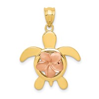 14K Two-tone Diamond-cut Rose Plumeria Turtle Pendant view 1