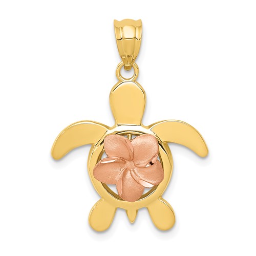 14K Two-tone Diamond-cut Rose Plumeria Turtle Pendant