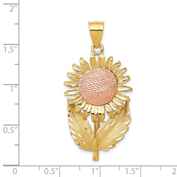14k Two-tone Sunflower with Leaves Pendant