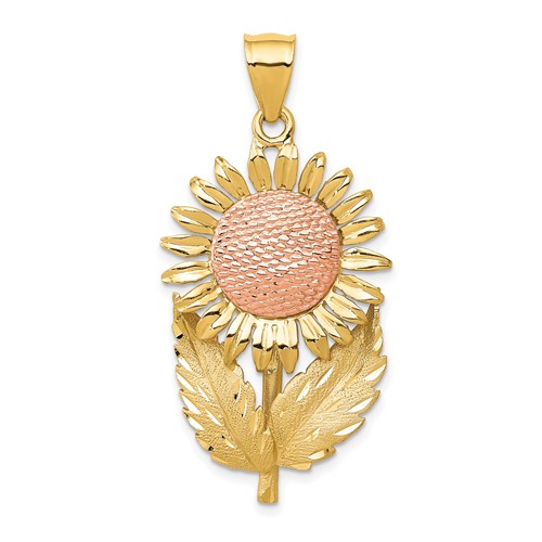 14K Two-tone Sunflower Pendant with Leaves