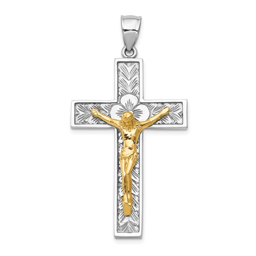 14K Two-tone Crucifix Pendant with Flower Center