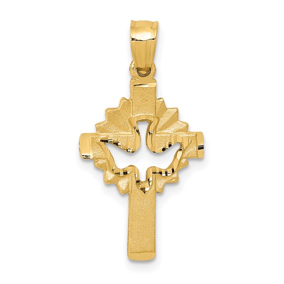 14k Satin Diamond-cut Dove Cross Charm