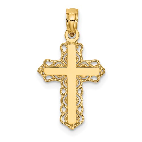 14K Yellow Gold Budded Cross Charm with Lacey Trim