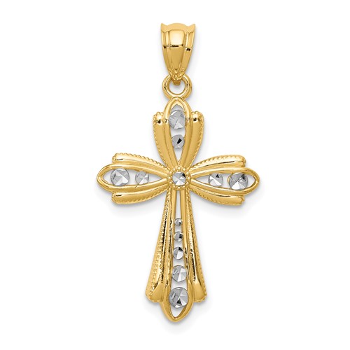 14K Charm with White Rhodium Diamond Cut Cross