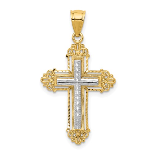 14K Two-tone Fleur De Lis Cross Pendant