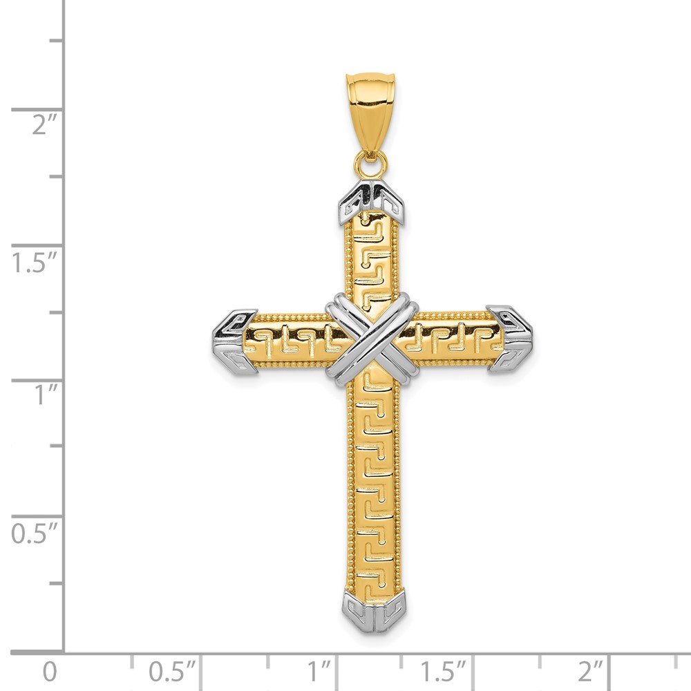 14K And Rhodium Greek Key Cross Pendant (D3564)