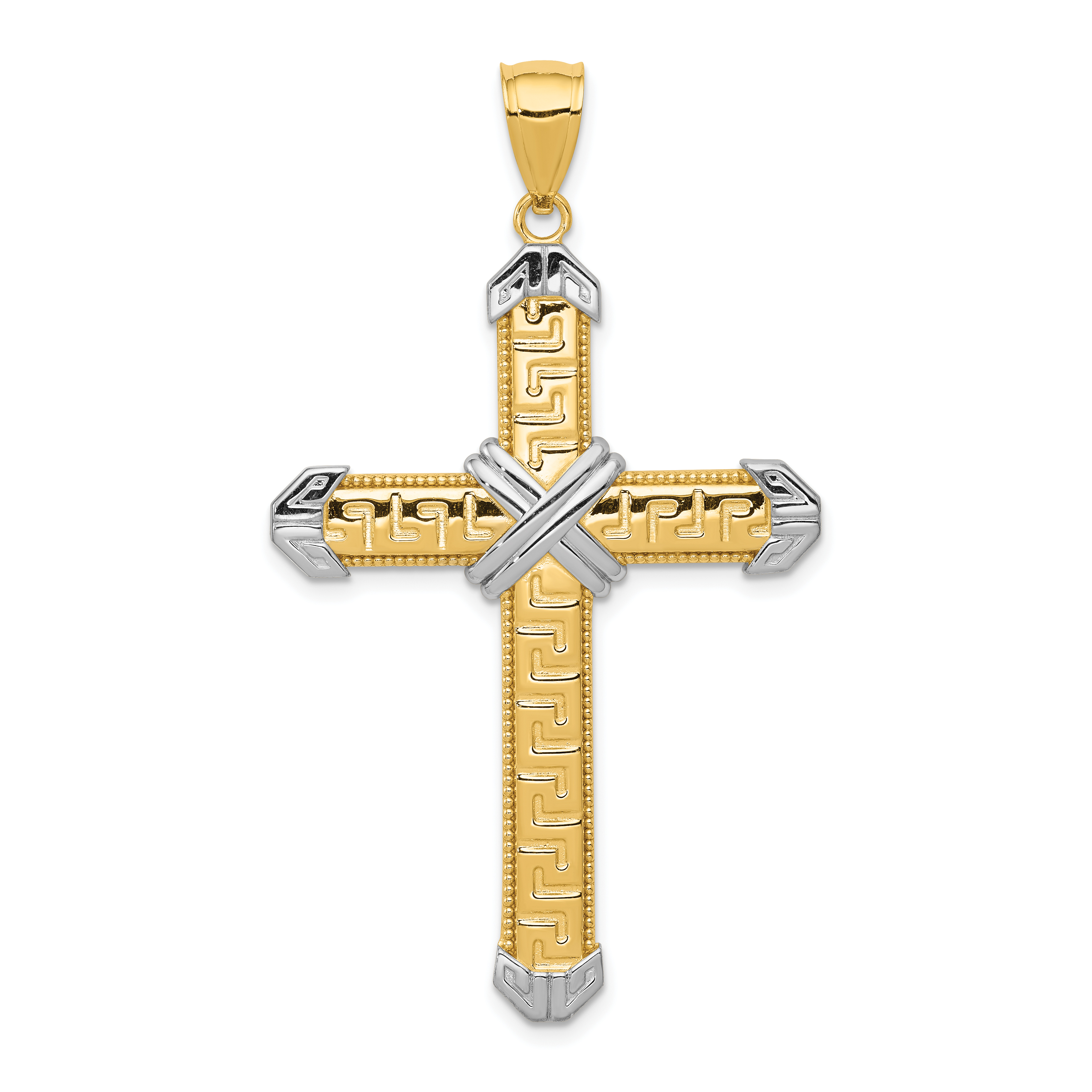 14K And Rhodium Greek Key Cross Pendant (D3564)