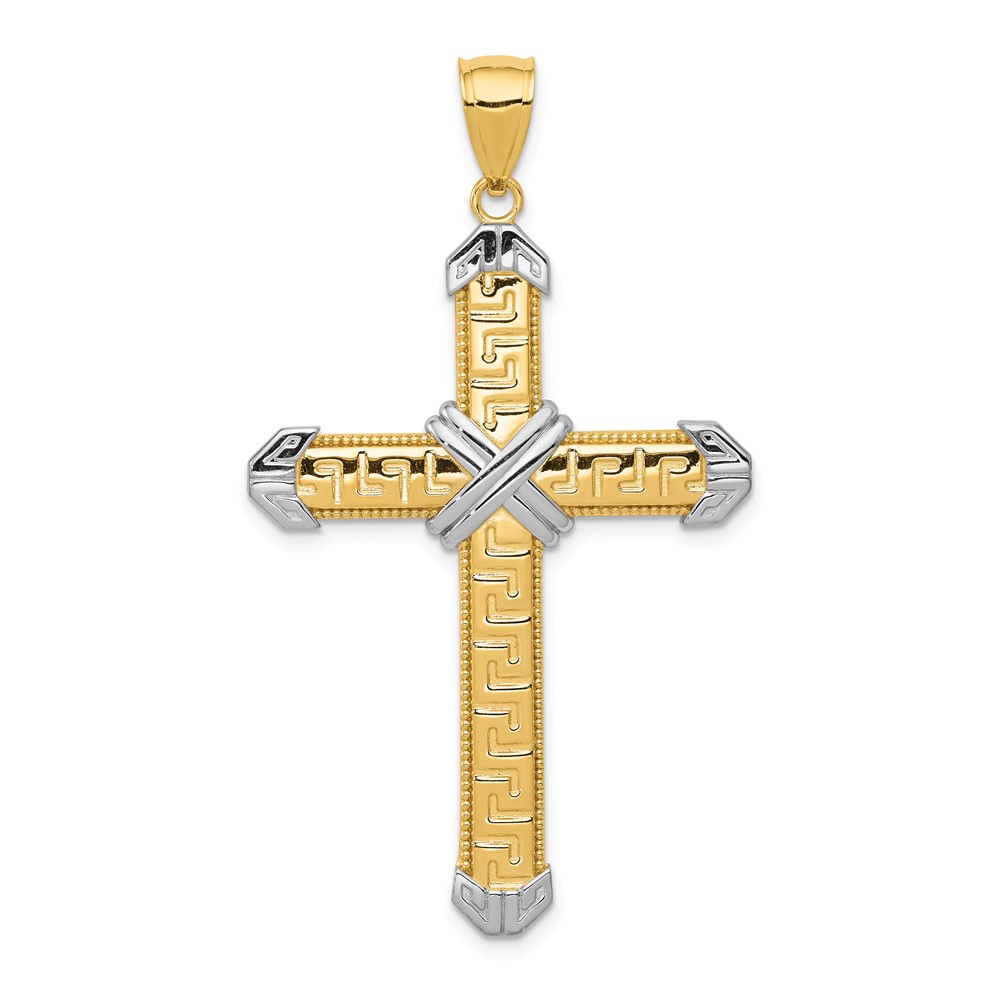 14K And Rhodium Greek Key Cross Pendant (D3564)