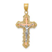 14K Tri-color Diamond-cut Filigree Crucifix Pendant view 1