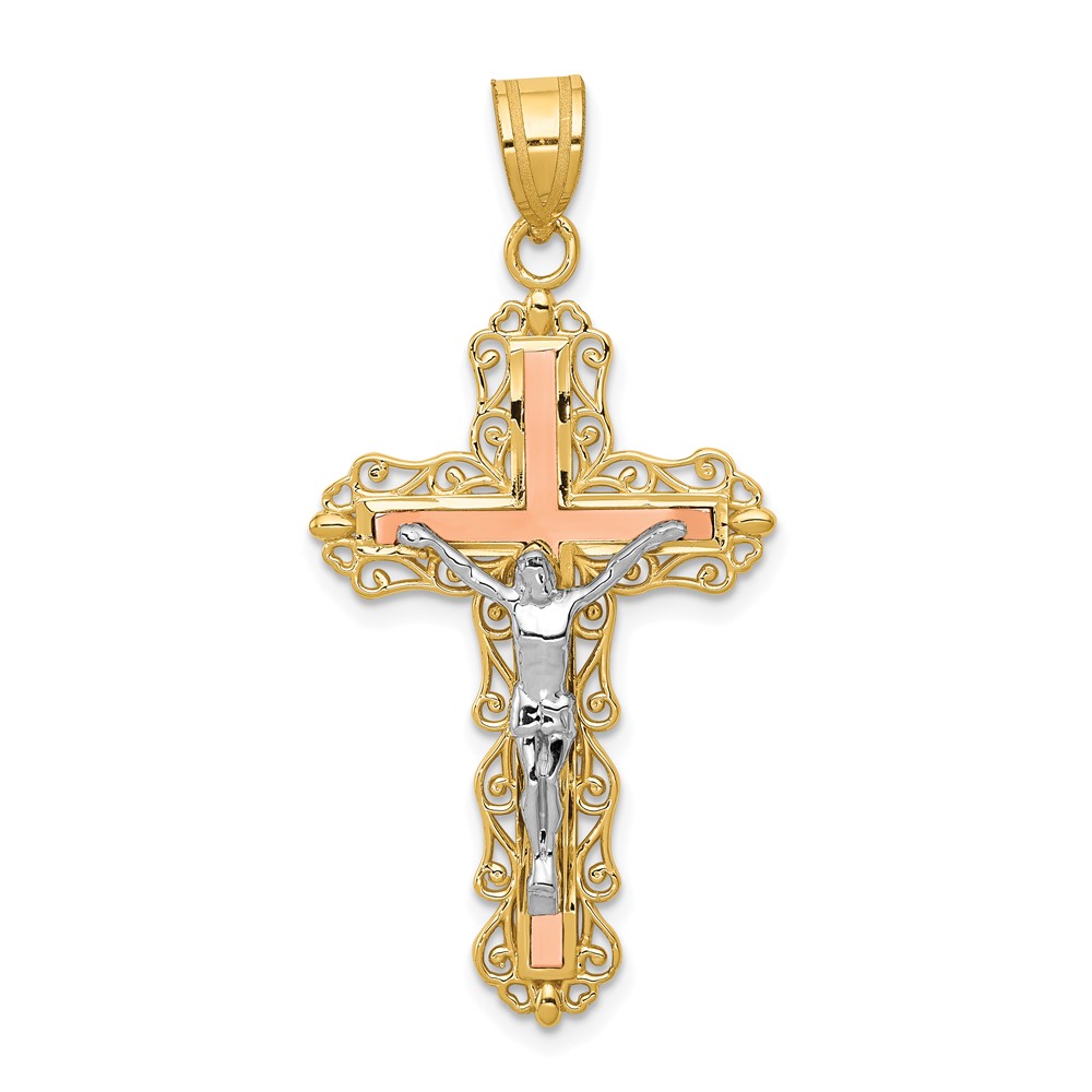 14K Tri-color Diamond-cut Filigree Crucifix Pendant