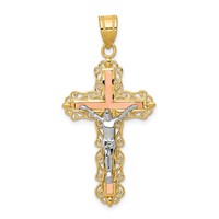 14K Tri-color Diamond-cut Filigree Crucifix Pendant view 1