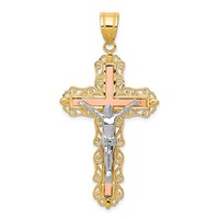 14K Tri-color Diamond-cut Filigree Crucifix Pendant view 1