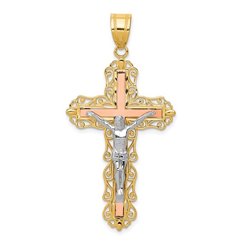 14K Tri-color Diamond-cut Filigree Crucifix Pendant