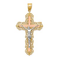 14K Tri-color Diamond-cut Filigree Crucifix Pendant view 1