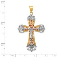 14K Tri-Color and White Rhodium Large Diamond-cut Crucifix Pendant view 3