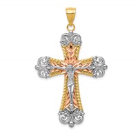 14K Tri-Color and White Rhodium Large Diamond-cut Crucifix Pendant view 1