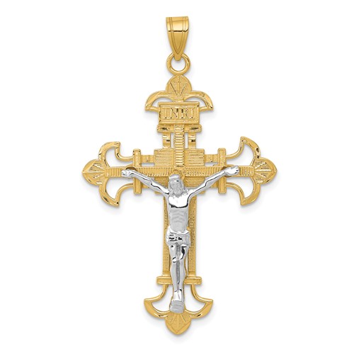 14K Two-tone Inri Fleur De Lis Crucifix Pendant