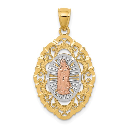 14K Tri-color Our Lady of Guadalupe Oval Pendant
