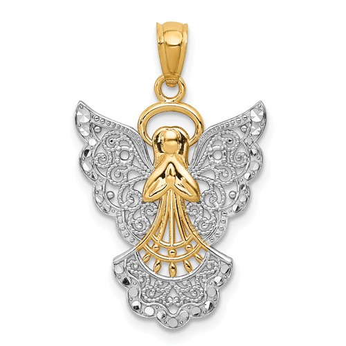 14K and White Rhodium Filigree Angel Pendant