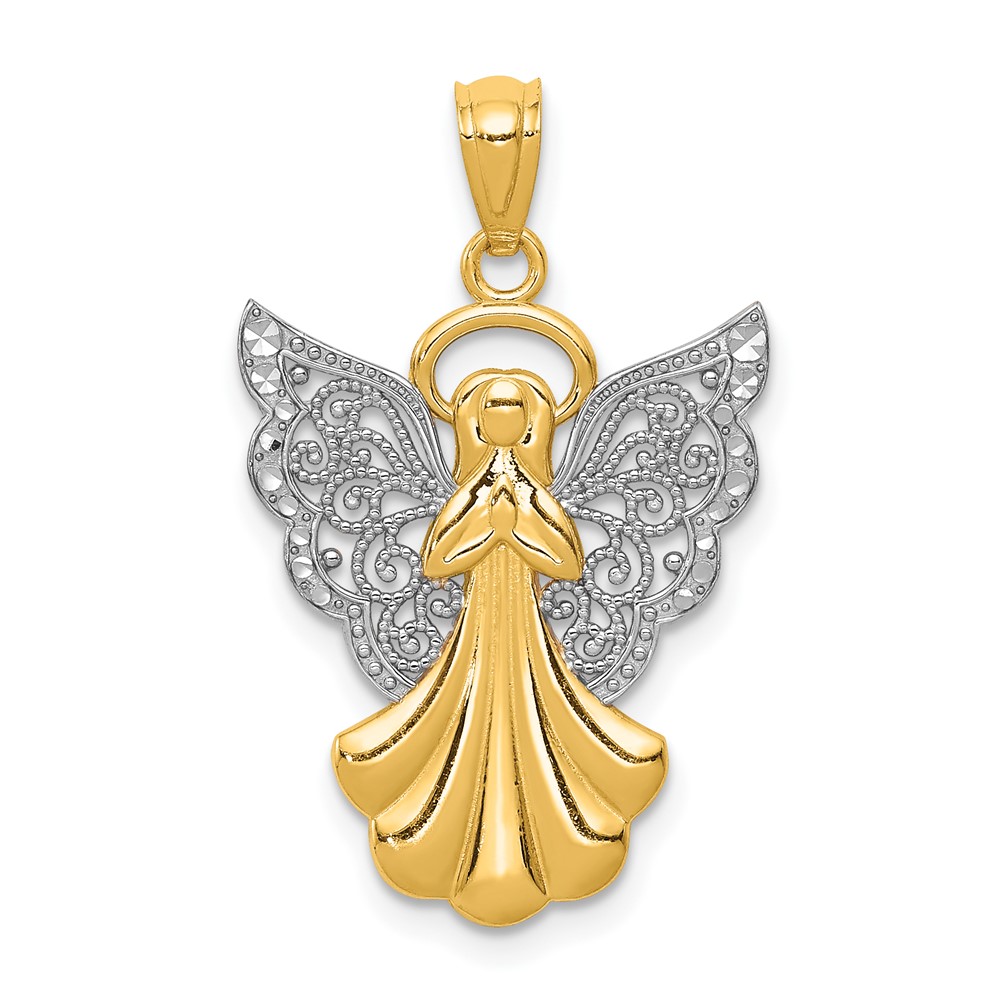 14K and White Rhodium Filigree Angel Pendant