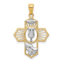 14K and White Rhodium Communion Cross Pendant with Dove and Praying Hands view 1