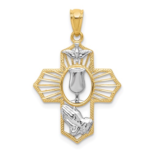 14K and White Rhodium Communion Cross Pendant with Dove and Praying Hands