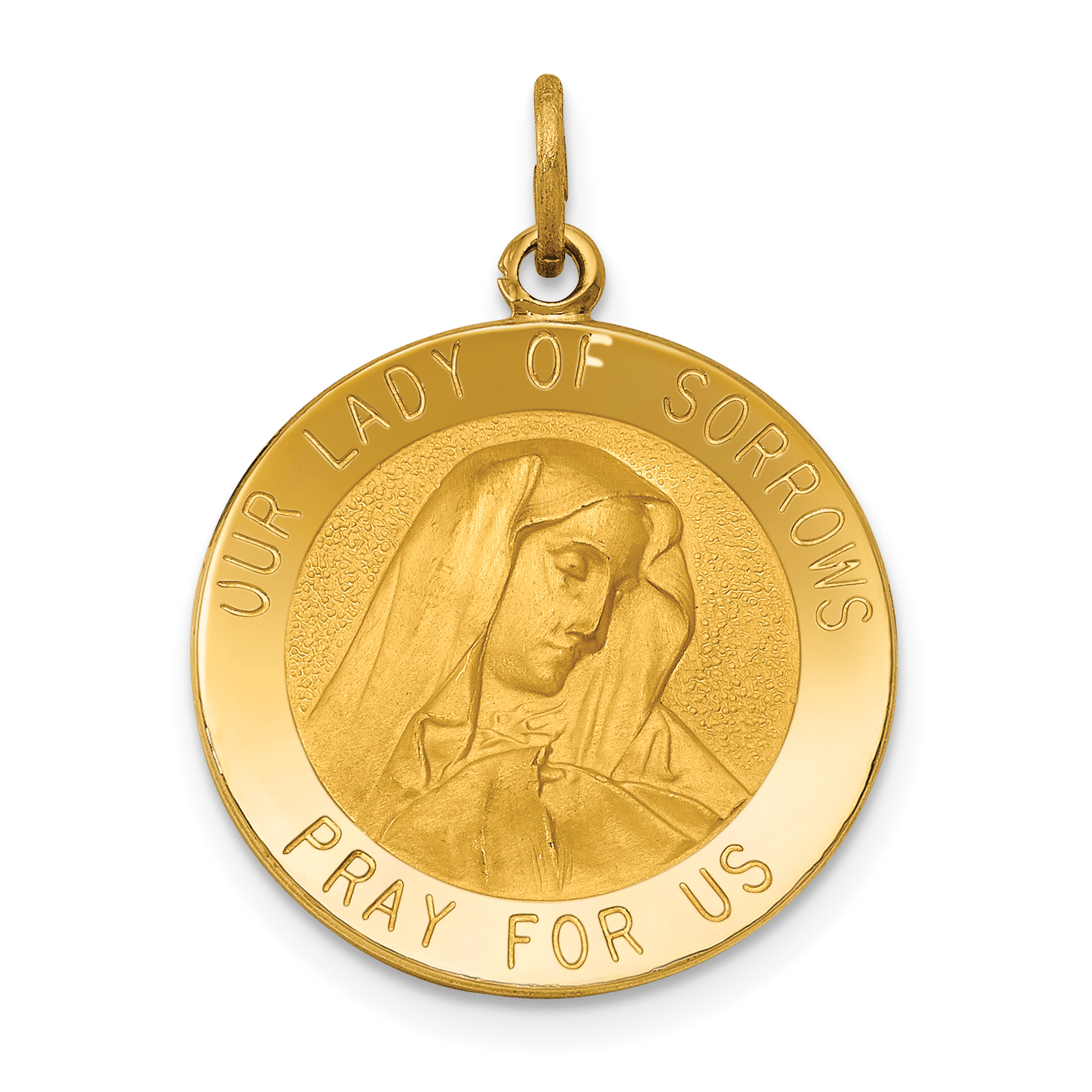 10k Yellow Gold Solid Satin Polished Our Lady of Sorrows Disc Pendant