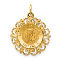 14K Yellow Gold Polished and Satin Solid Our Lady of Sorrows Medal Scalloped Edge Round Pendant view 1