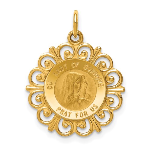 14K Yellow Gold Polished and Satin Solid Our Lady of Sorrows Medal Scalloped Edge Round Pendant