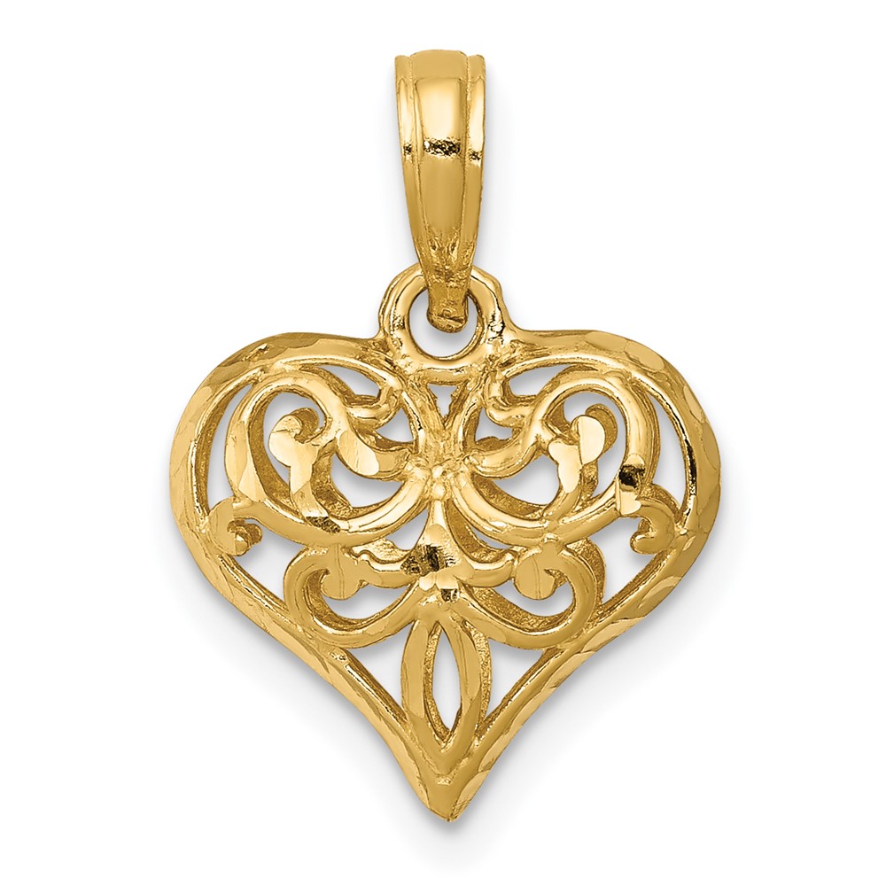 14K Polished 3-D Filigree Puffed Heart Pendant (D3819)