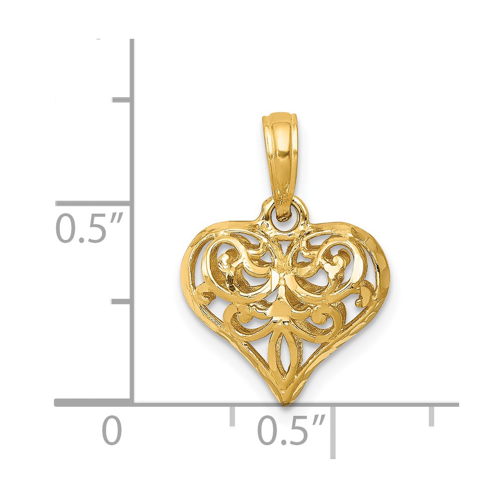 14K Polished 3-D Filigree Puffed Heart Pendant (D3819)