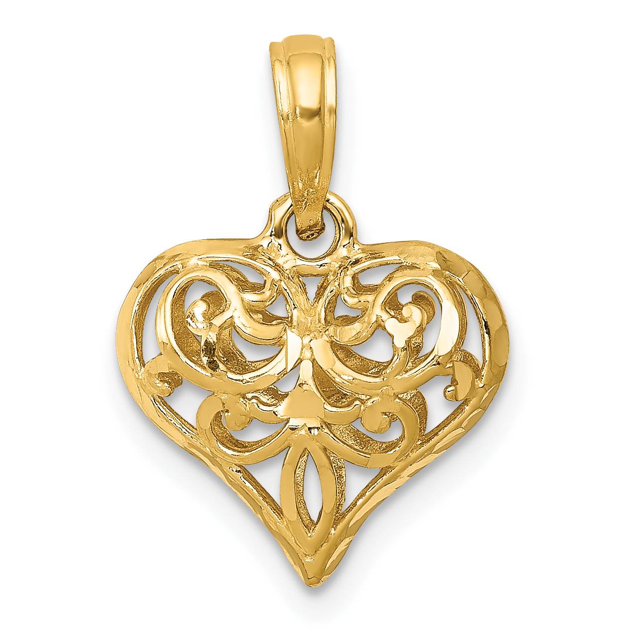 14K Polished 3-D Filigree Puffed Heart Pendant (D3819)