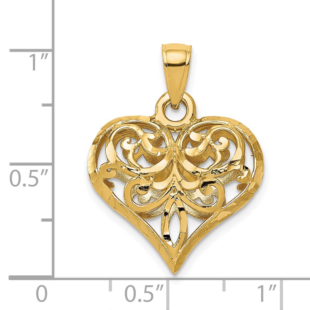 14K Polished 3-D Filigree Puffed Heart Pendant (D3820)