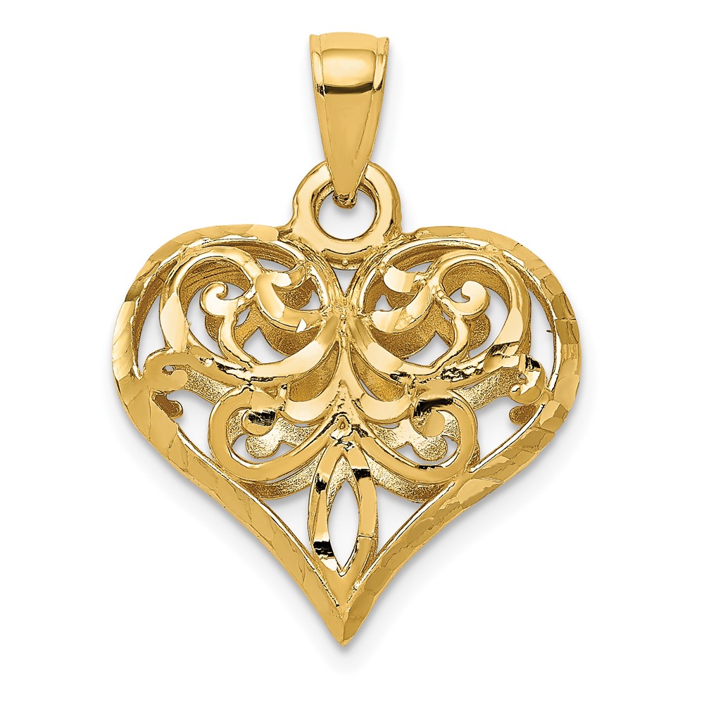14K Polished 3-D Filigree Puffed Heart Pendant (D3820)