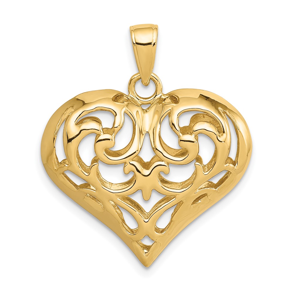 14K Polished 3-D Filigree Puffed Heart Pendant (D3821)