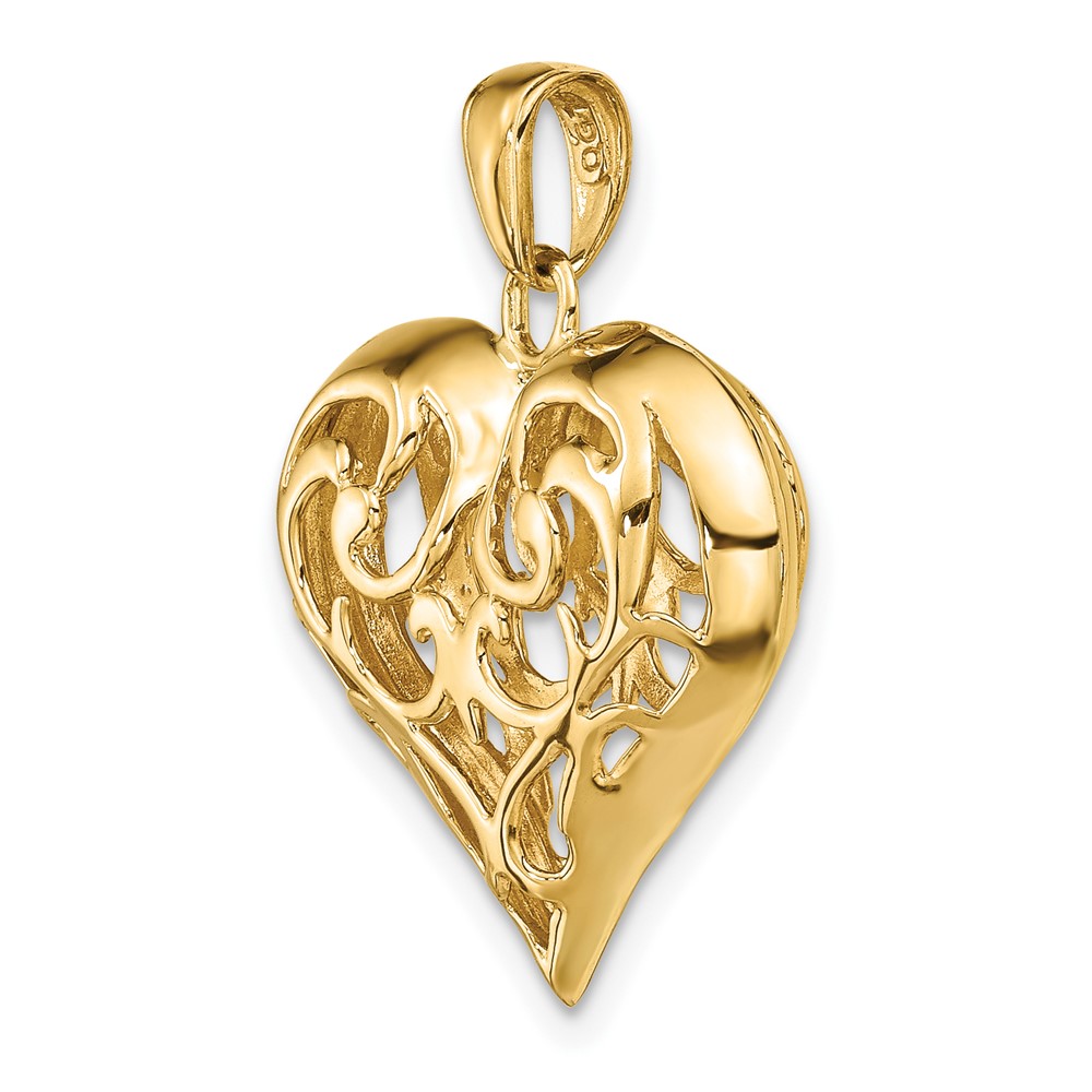 14K Polished 3-D Filigree Puffed Heart Pendant (D3821)