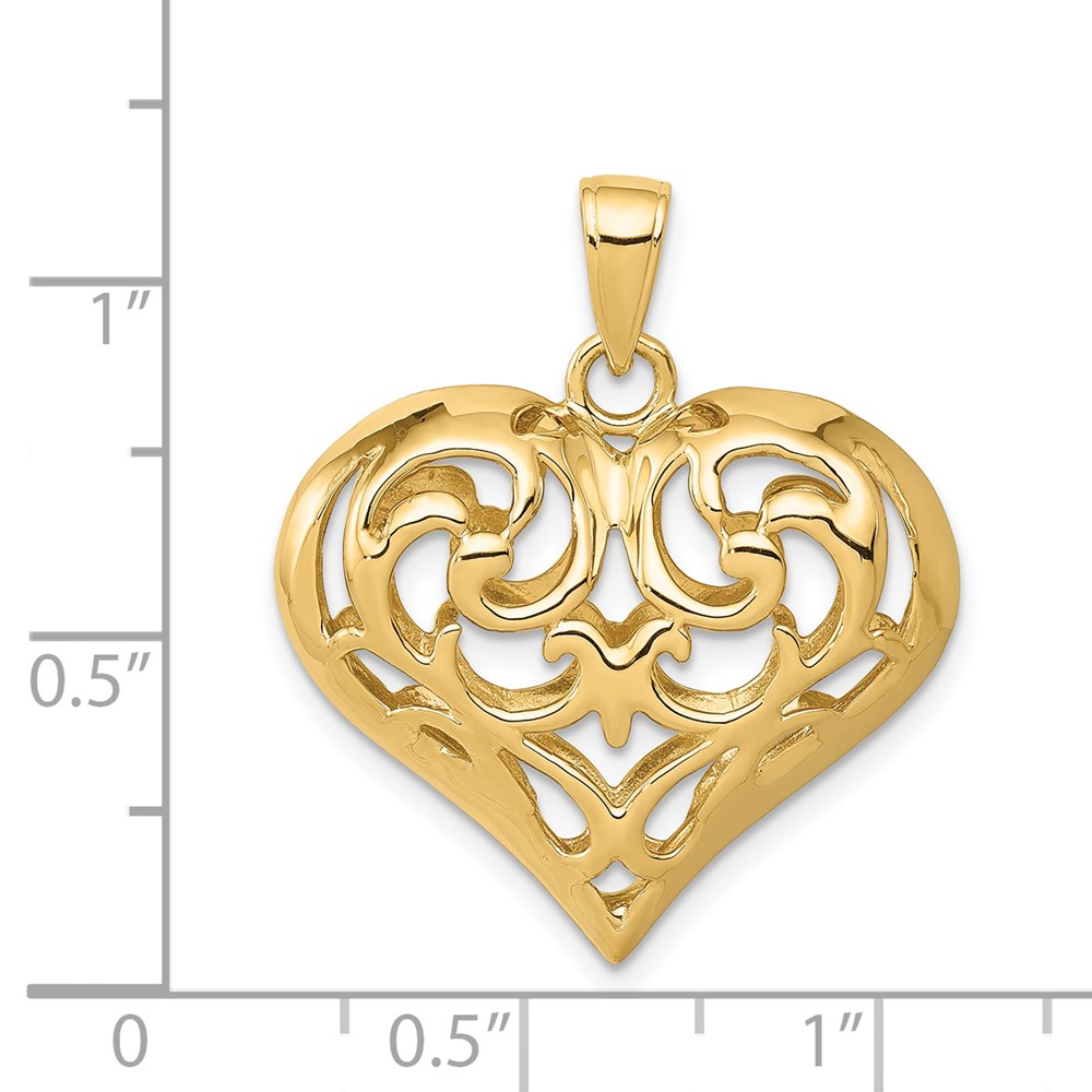 14K Polished 3-D Filigree Puffed Heart Pendant (D3821)