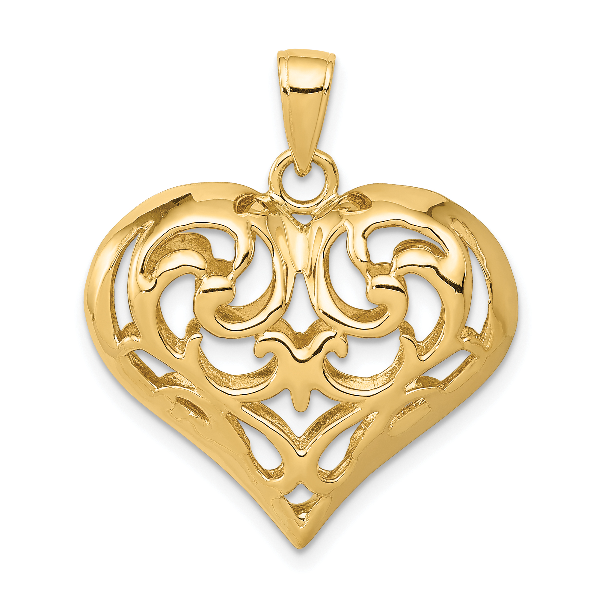 14K Polished 3-D Filigree Puffed Heart Pendant (D3821)