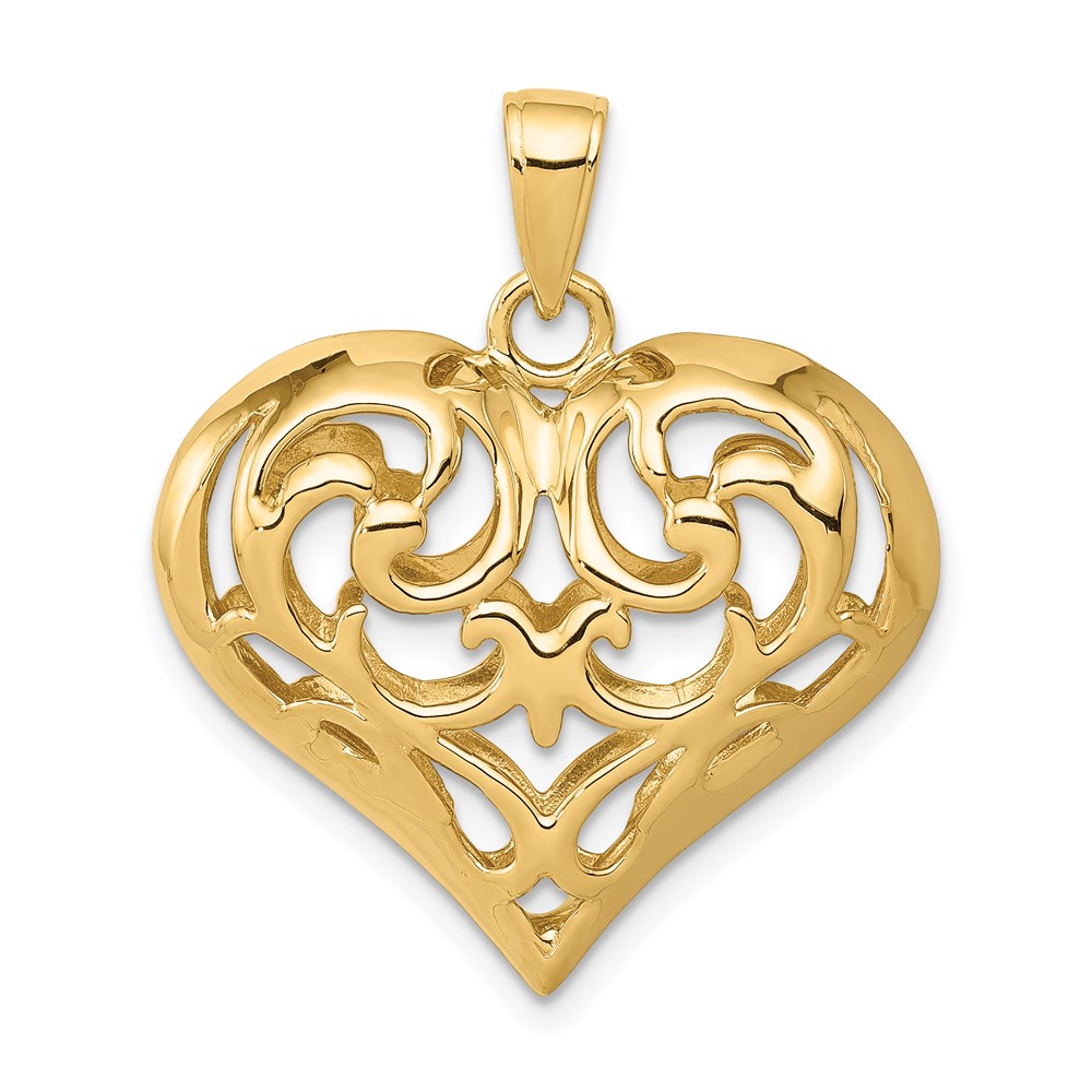 14K Polished 3-D Filigree Puffed Heart Pendant (D3821)