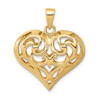 14K Yellow Gold Polished 3-D Filigree Puffed Heart Pendant view 1