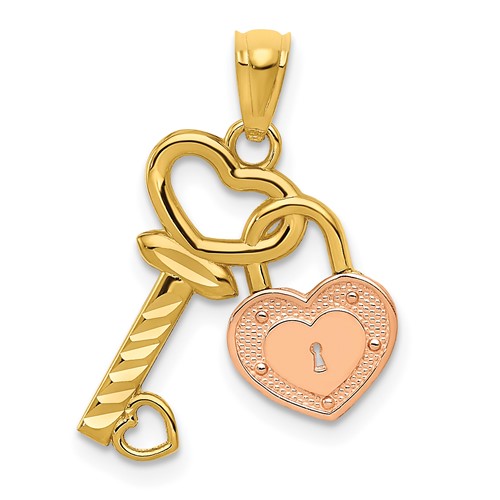 14K Two-tone Heart Lock and Key Pendant