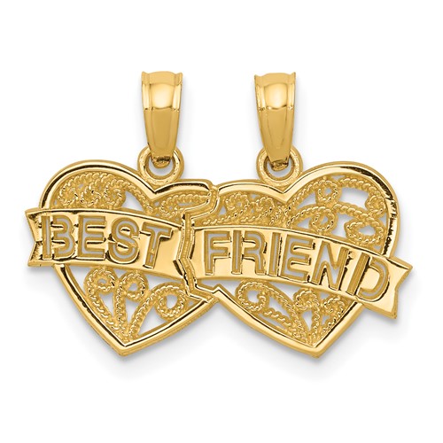 14K Yellow Gold Best Friend 2-Piece Break-apart Double Hearts Pendant