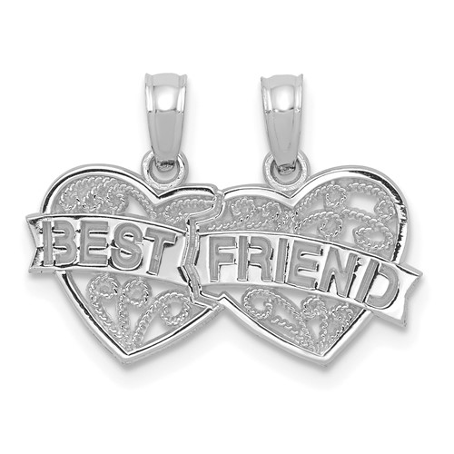 14K White Gold BEST FRIEND 2-Piece Break-apart Double Hearts Pendant