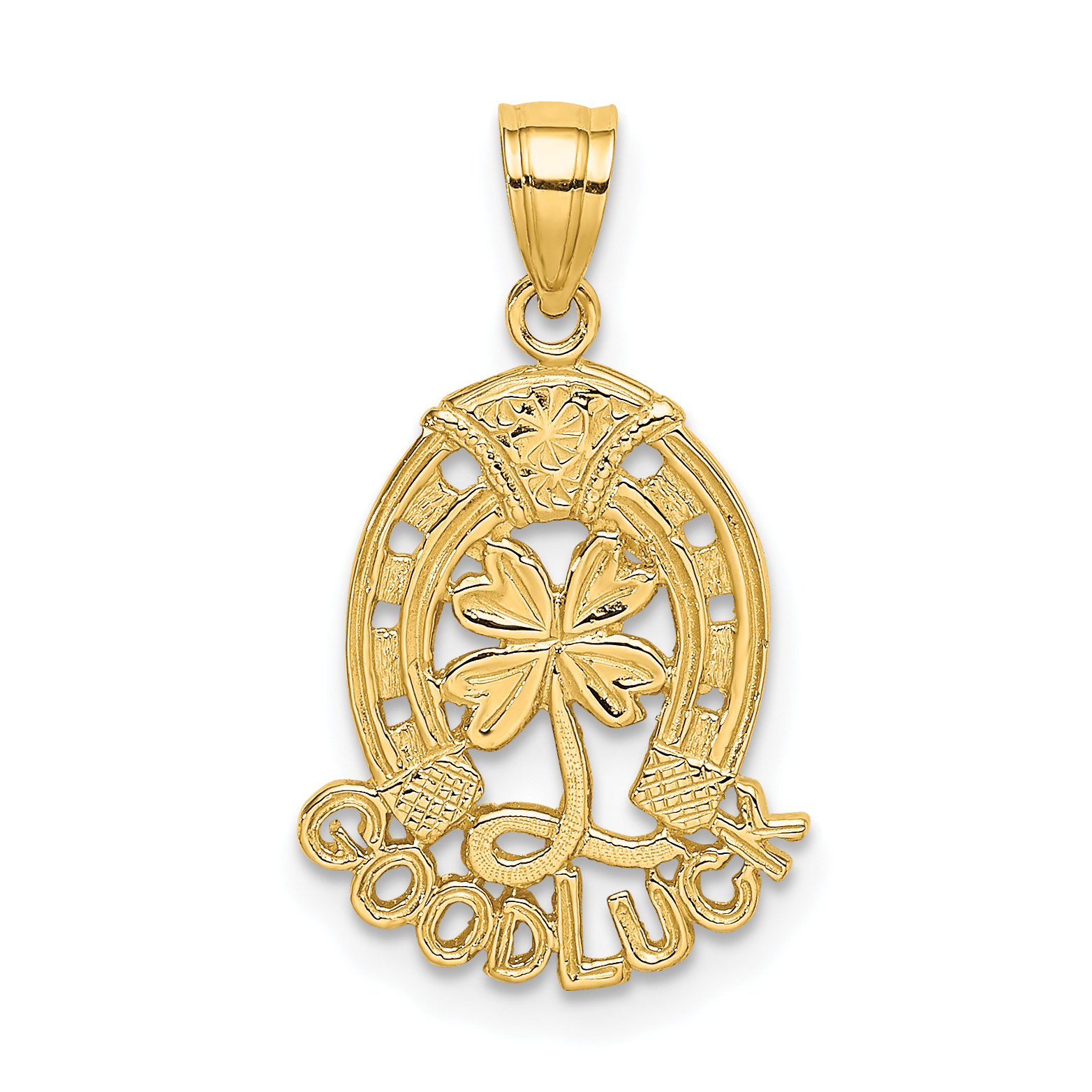 14K GOOD LUCK Horseshoe and Clover Charm (D4047)