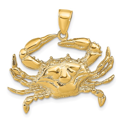 14K Yellow Gold Large Blue Crab Pendant