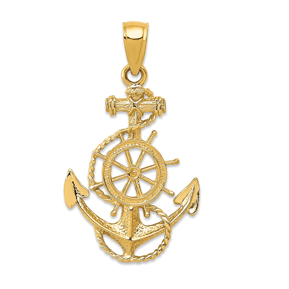14K Yellow Gold Anchor and Ships Wheel Pendant with Rope