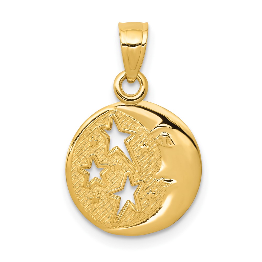 14k Polished Flat-Backed Moon with Three Stars Pendant (D4184)